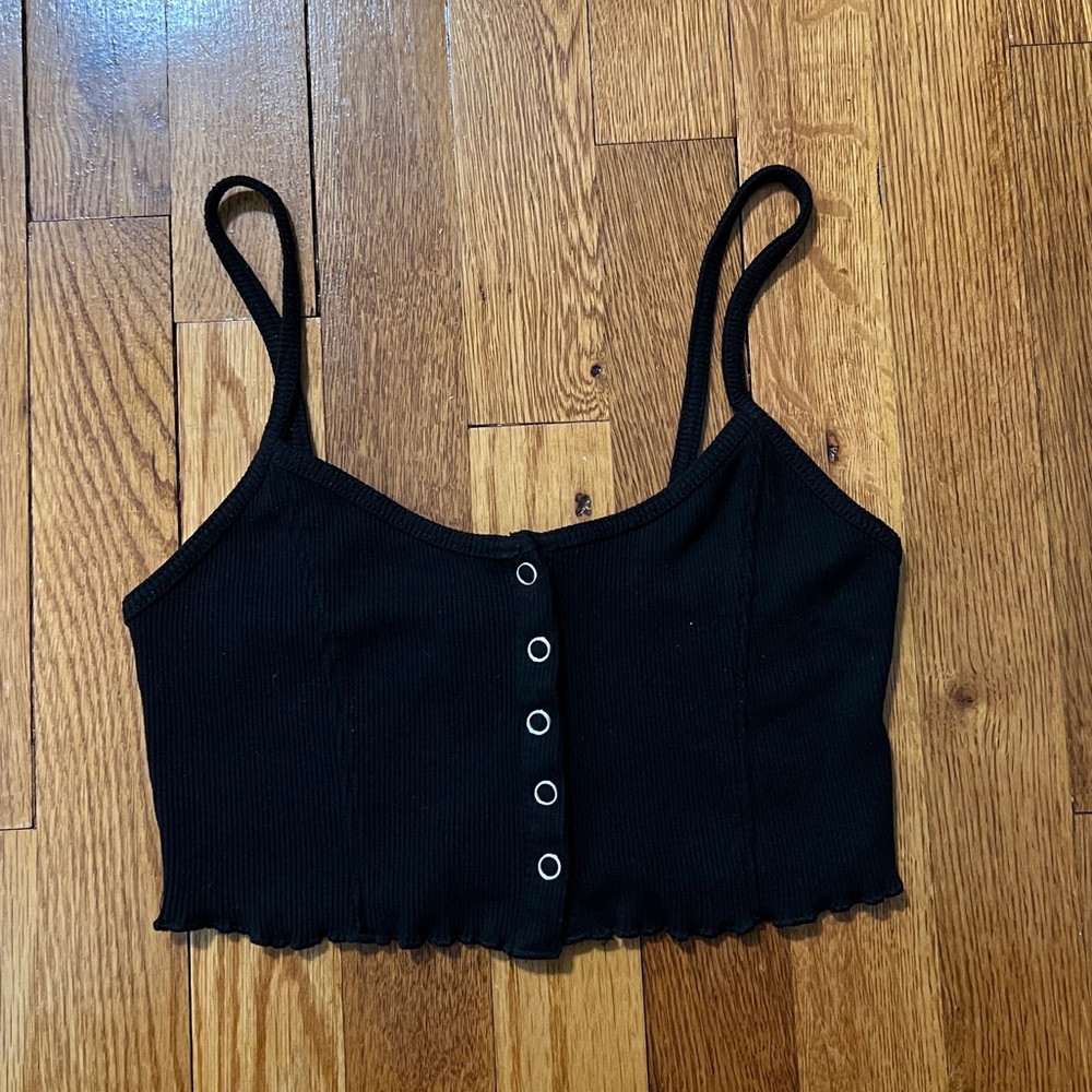 Bershka Black Ribbed Button Front Cropped Camisole
